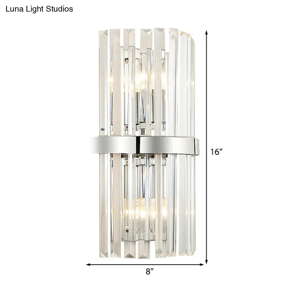 DecorBites™ Clear Crystal Cylinder Wall Sconce in Chrome - Contemporary 2 Light Bedroom Lighting Fixture