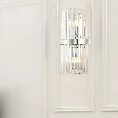 DecorBites™ Clear Crystal Cylinder Wall Sconce in Chrome - Contemporary 2 Light Bedroom Lighting Fixture