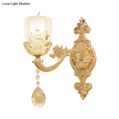 Clear Crystal Floral Shade Wall Lamp - Traditional Brass Sconce Light with Curvy Arm - 1/2-Head - Perfect for Living Room