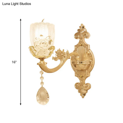 Clear Crystal Floral Shade Wall Lamp - Traditional Brass Sconce Light with Curvy Arm - 1/2-Head - Perfect for Living Room