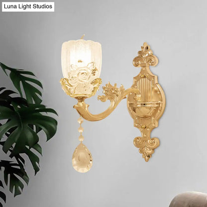 Clear Crystal Floral Shade Wall Lamp - Traditional Brass Sconce Light with Curvy Arm - 1/2-Head - Perfect for Living Room