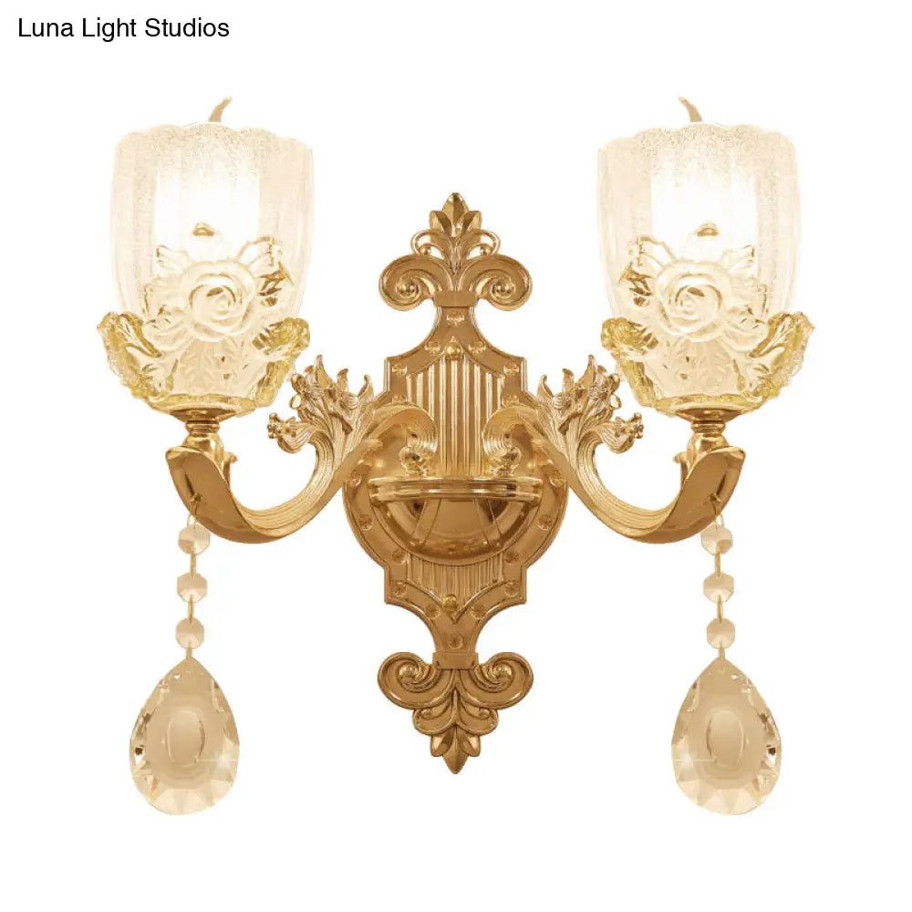 Clear Crystal Floral Shade Wall Lamp - Traditional Brass Sconce Light with Curvy Arm - 1/2-Head - Perfect for Living Room
