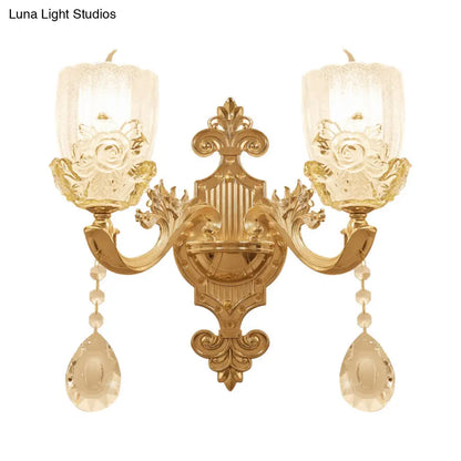 Clear Crystal Floral Shade Wall Lamp - Traditional Brass Sconce Light with Curvy Arm - 1/2-Head - Perfect for Living Room