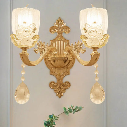 Clear Crystal Floral Shade Wall Lamp - Traditional Brass Sconce Light with Curvy Arm - 1/2-Head - Perfect for Living Room