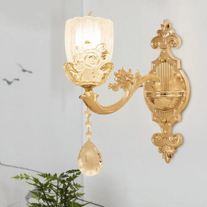 Clear Crystal Floral Shade Wall Lamp - Traditional Brass Sconce Light with Curvy Arm - 1/2-Head - Perfect for Living Room