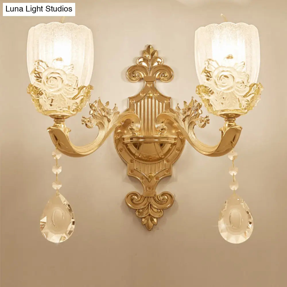 Clear Crystal Floral Shade Wall Lamp - Traditional Brass Sconce Light with Curvy Arm - 1/2-Head - Perfect for Living Room