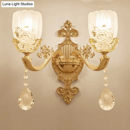 Clear Crystal Floral Shade Wall Lamp - Traditional Brass Sconce Light with Curvy Arm - 1/2-Head - Perfect for Living Room