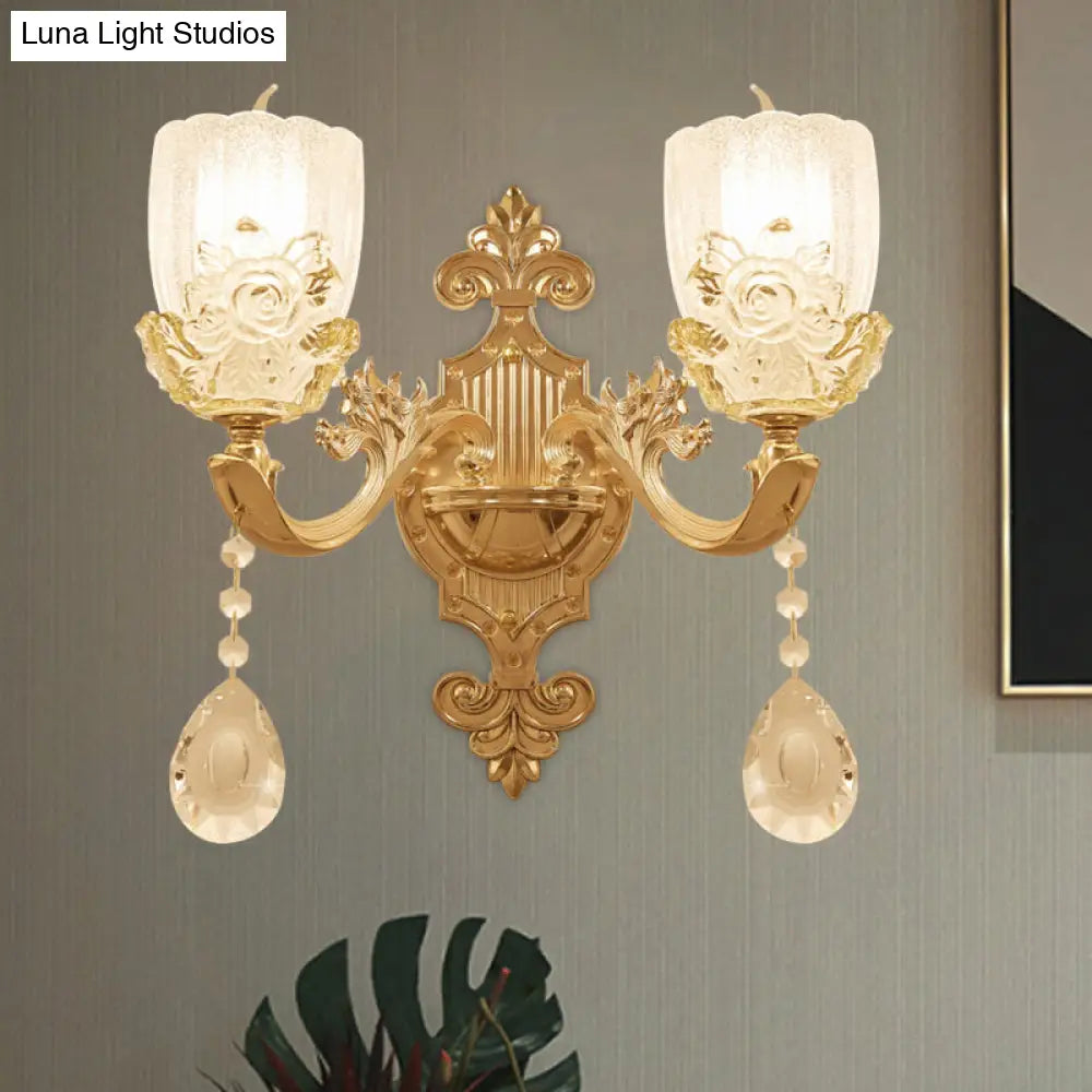 Clear Crystal Floral Shade Wall Lamp - Traditional Brass Sconce Light with Curvy Arm - 1/2-Head - Perfect for Living Room