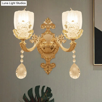 Clear Crystal Floral Shade Wall Lamp - Traditional Brass Sconce Light with Curvy Arm - 1/2-Head - Perfect for Living Room