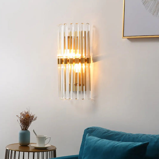 DecorBites™ Clear Crystal Half-Cylindrical Wall Sconce Lamp: Contemporary Brass Finish Lighting for Bedroom