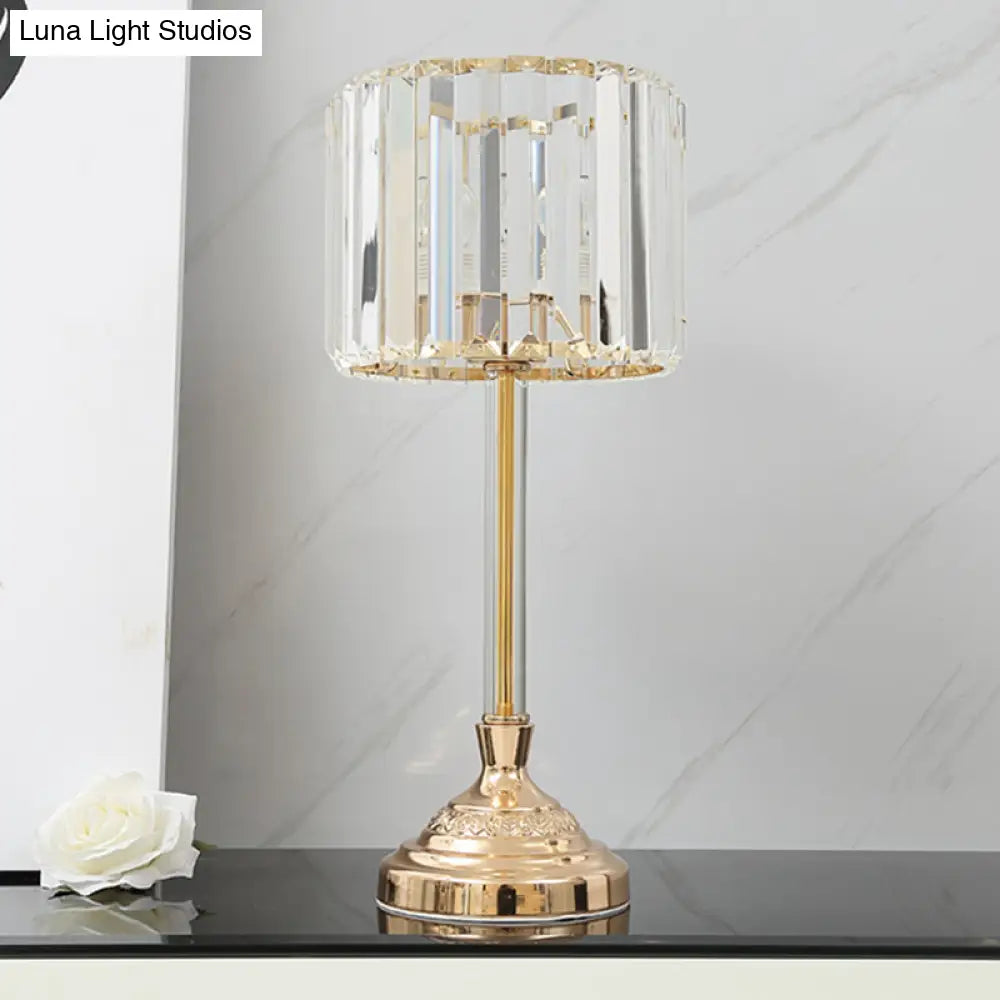 Clear Crystal Table Lamp with Drum Shade - Modern Bedchamber Nightstand Light in Champagne, 10"/8" W