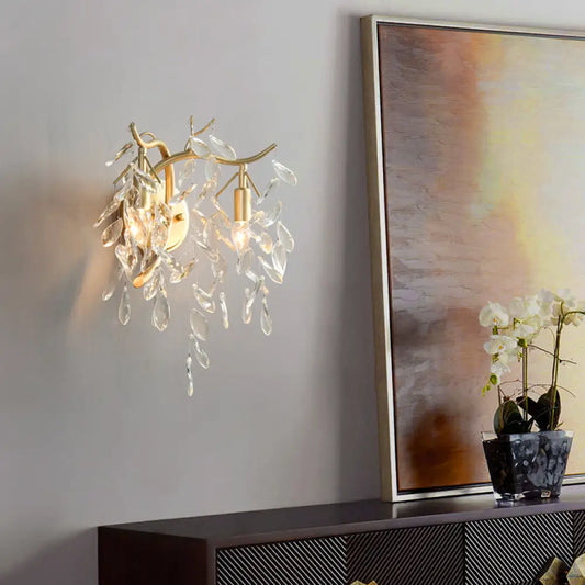 Lámpara de pared de cristal transparente con detalles en latón estilo rústico - Lámpara de noche de 2 luces