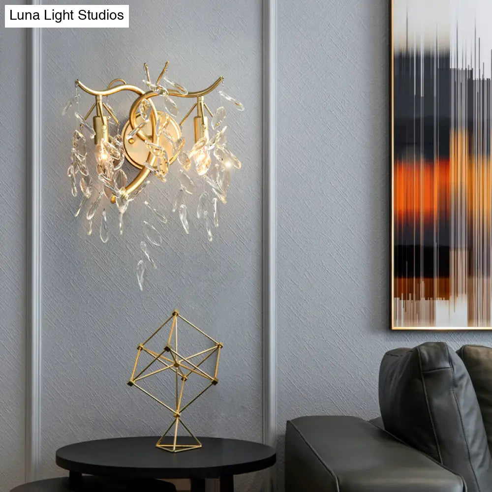 Lámpara de pared de cristal transparente con detalles en latón estilo rústico - Lámpara de noche de 2 luces