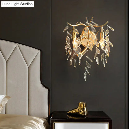 Lámpara de pared de cristal transparente con detalles en latón estilo rústico - Lámpara de noche de 2 luces