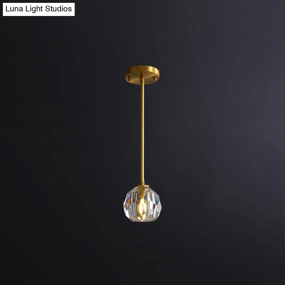 Clear Cut Crystal Gold Pendant Lamp with Simple Ball Design - 1 Bulb Bedside Light