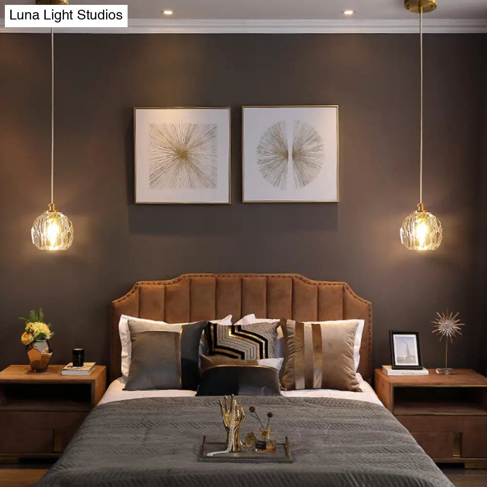 Clear Cut Crystal Gold Pendant Lamp with Simple Ball Design - 1 Bulb Bedside Light