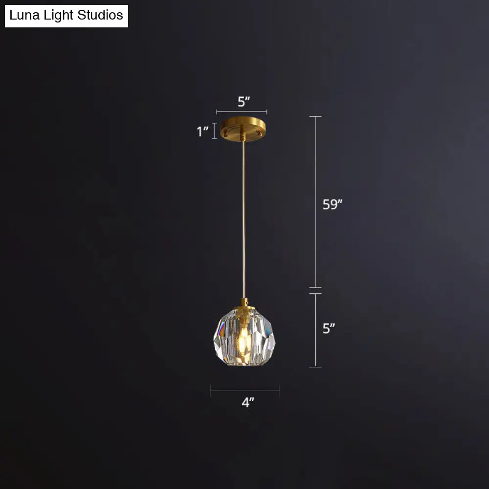 Clear Cut Crystal Gold Pendant Lamp with Simple Ball Design - 1 Bulb Bedside Light