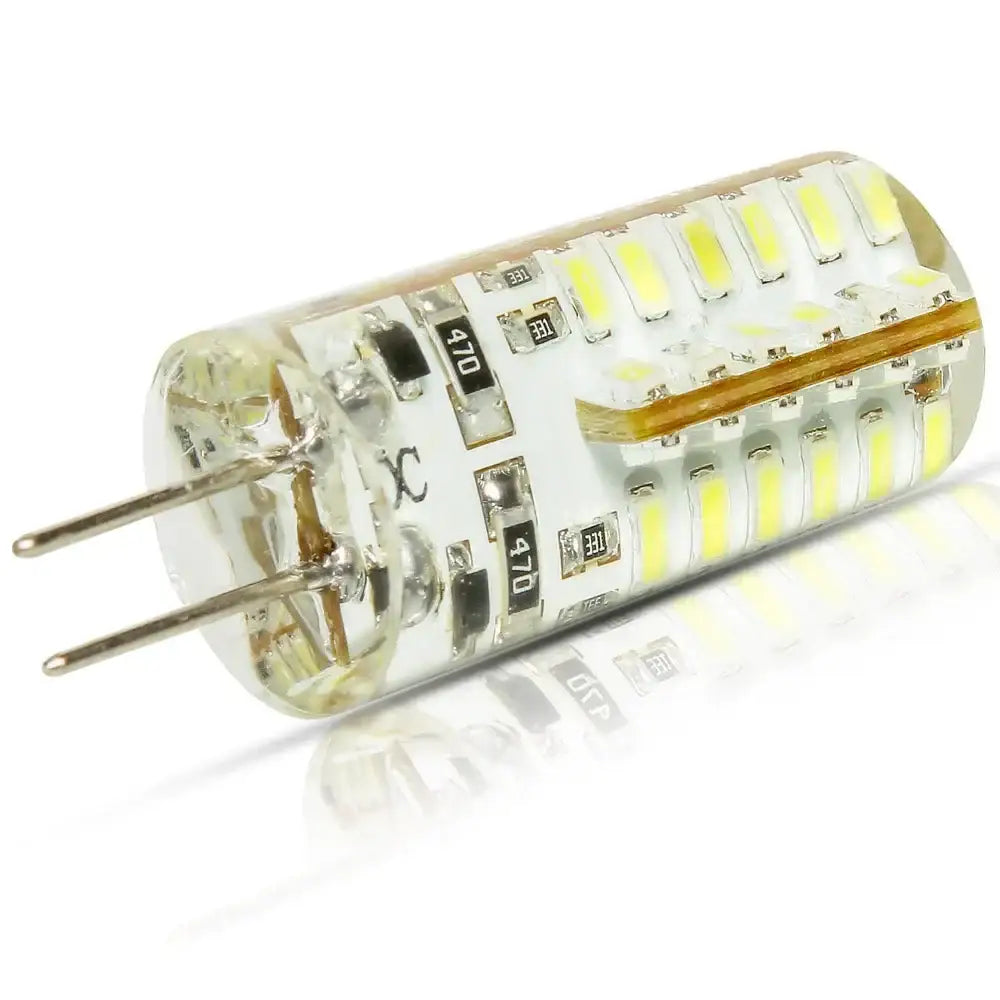 Clear glass led bulb with yellowish-white leds arranged cylindrically and two metallic pins for decorbites g4 led 4w 3014smd kitchen spot light