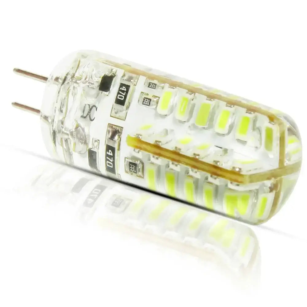 Clear cylindrical led bulb 4w 3014smd with multiple yellowish-green leds and two metallic pins for kitchen spot lighting