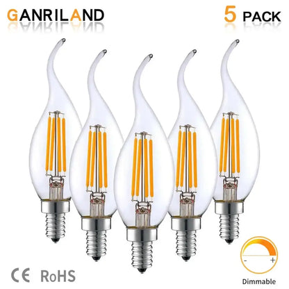 Clear dimmable c35 4w candle bulbs with warm yellow filaments and silver metal bases for dining room use