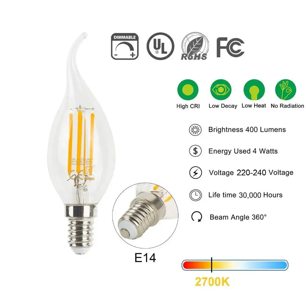 Clear dimmable candle bulbs c35 4w dimmable led filament with silver e14 base and 2700k warm white for dining room use