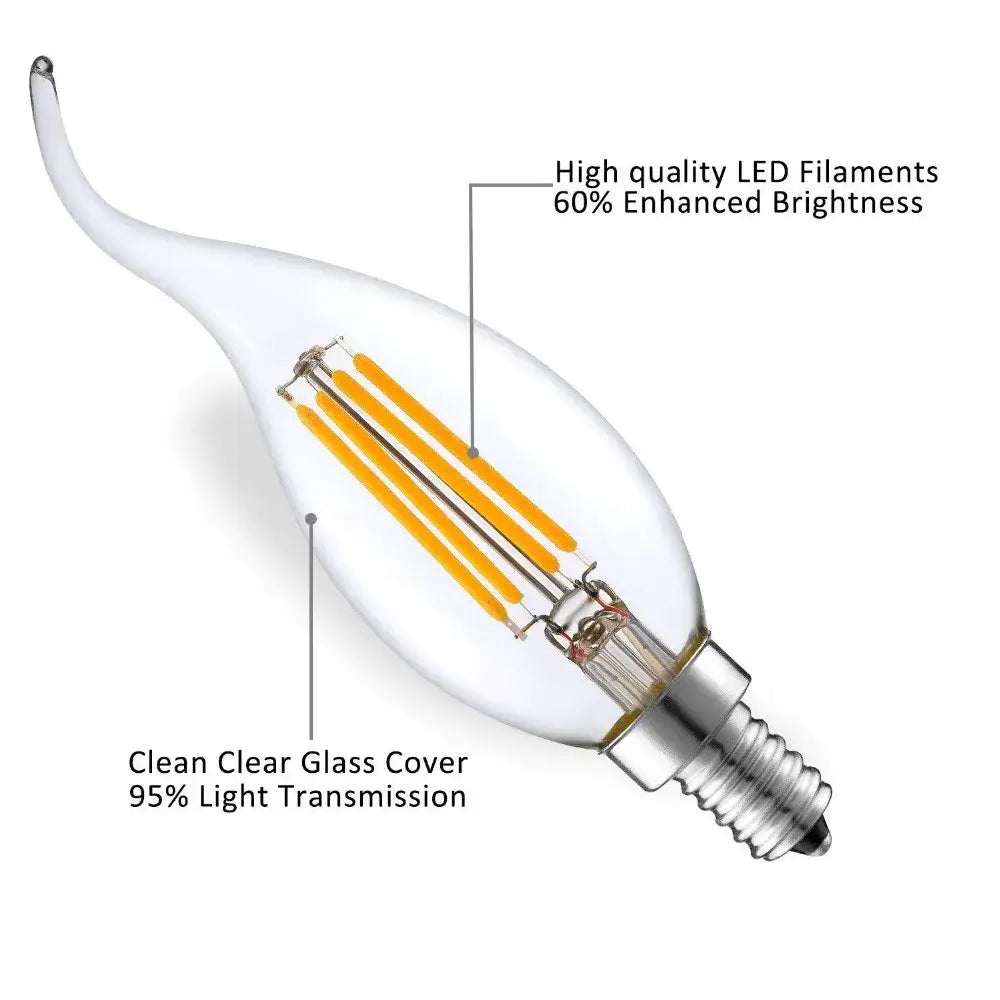 Clear dimmable led filament candle bulbs with clear glass, three yellow coils, and silver screw base for dining room use