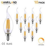 Clear dimmable c35 4w dimmable led filament candle bulbs with silver base and visible yellow filament strands for dining room
