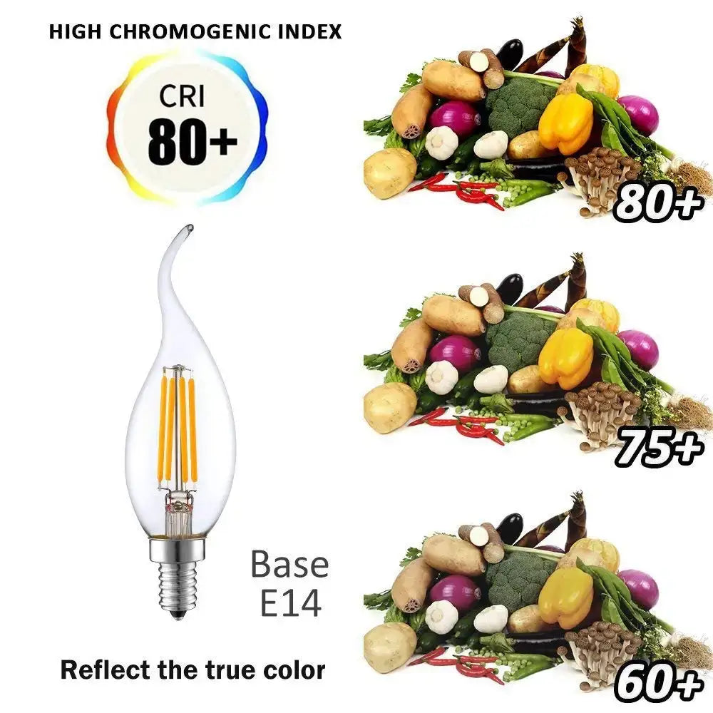 Clear dimmable c35 4w candle bulbs with silver e14 base and visible filament for dining room use