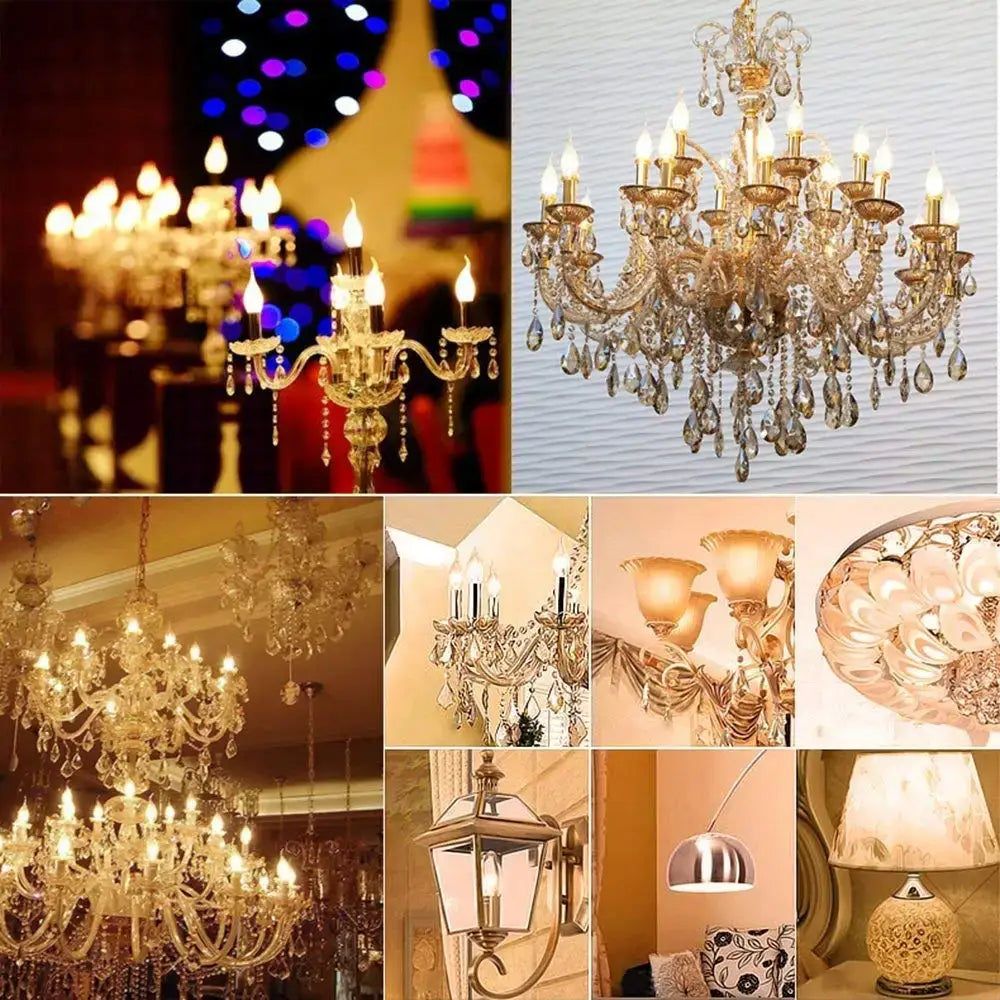 Gold-toned crystal chandelier with multiple arms and clear c35 4w dimmable led filament candle bulbs silver base dining room