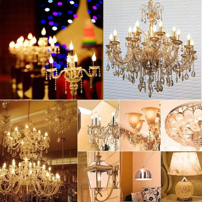 Gold-toned crystal chandelier with multiple arms and clear c35 4w dimmable led filament candle bulbs silver base dining room