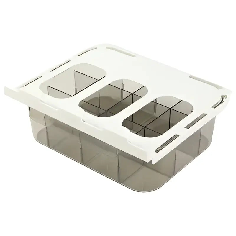 White plastic drawer closet organizer with three transparent compartments and matching lid for bedroom storage