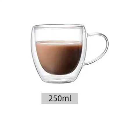 Clear double wall high borosilicate glass mug with handle holding 250ml of coffee for dining room use