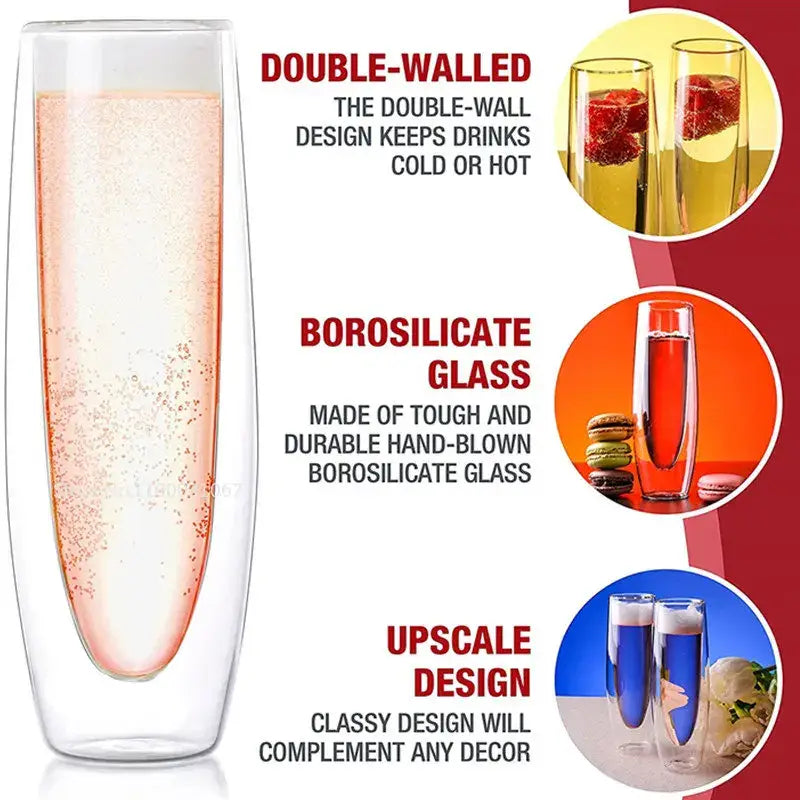 Clear double wall stemless champagne glasses set of 6 filled with pink sparkling beverage made of borosilicate glass