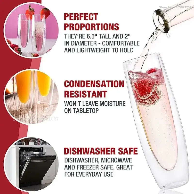 Clear double wall stemless champagne glasses set featuring tall transparent design with silver toned rim for dining room use