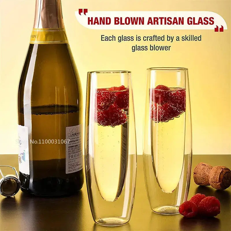 Clear double wall stemless champagne glasses set of six made of hand-blown artisan glass with sleek tall design