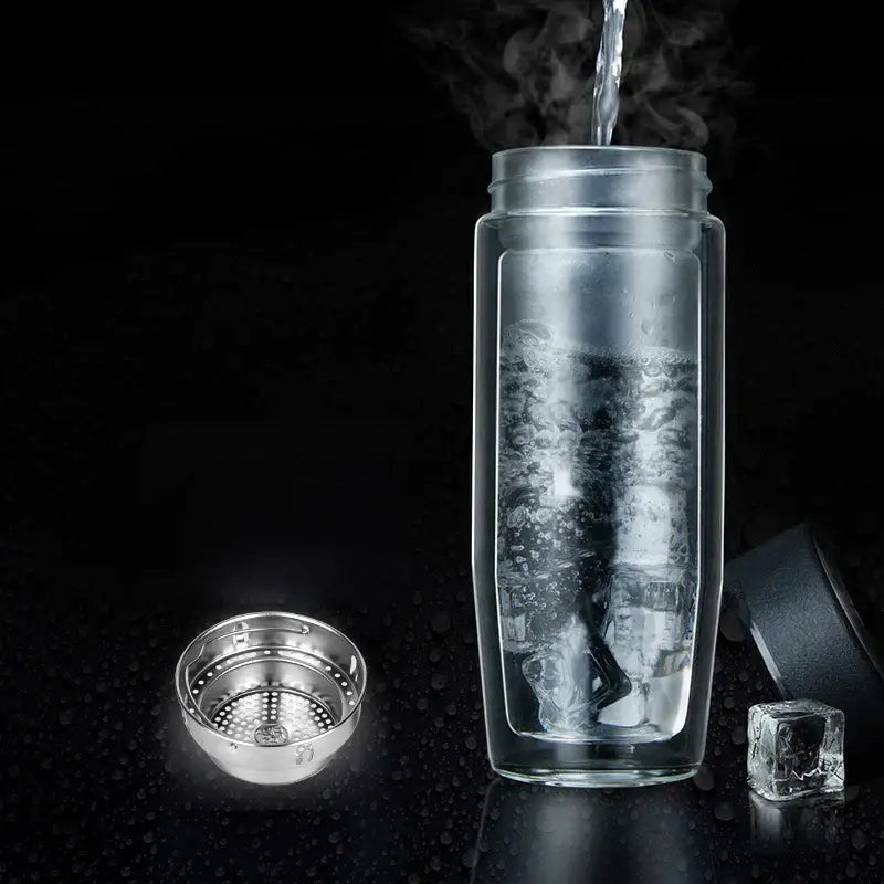 Clear double-walled glass travel mug with stainless steel infuser and black lid showcasing thermal insulation glass cups by decorbites double-deck glass