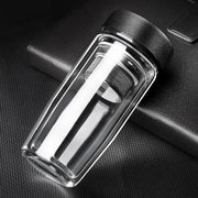 Clear double-walled glass travel mug with black lid and stainless steel infuser for thermal insulation glass cups decorbites double-deck glass