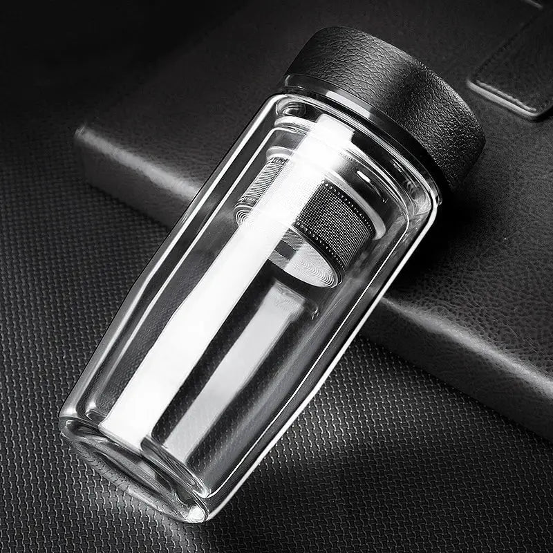 Clear double-walled glass travel mug with black lid and stainless steel infuser for thermal insulation glass cups decorbites double-deck glass