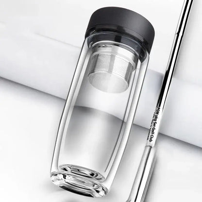 Clear double-walled glass travel mug with black lid and stainless steel infuser for thermal insulation glass cups decorbites double-deck glass