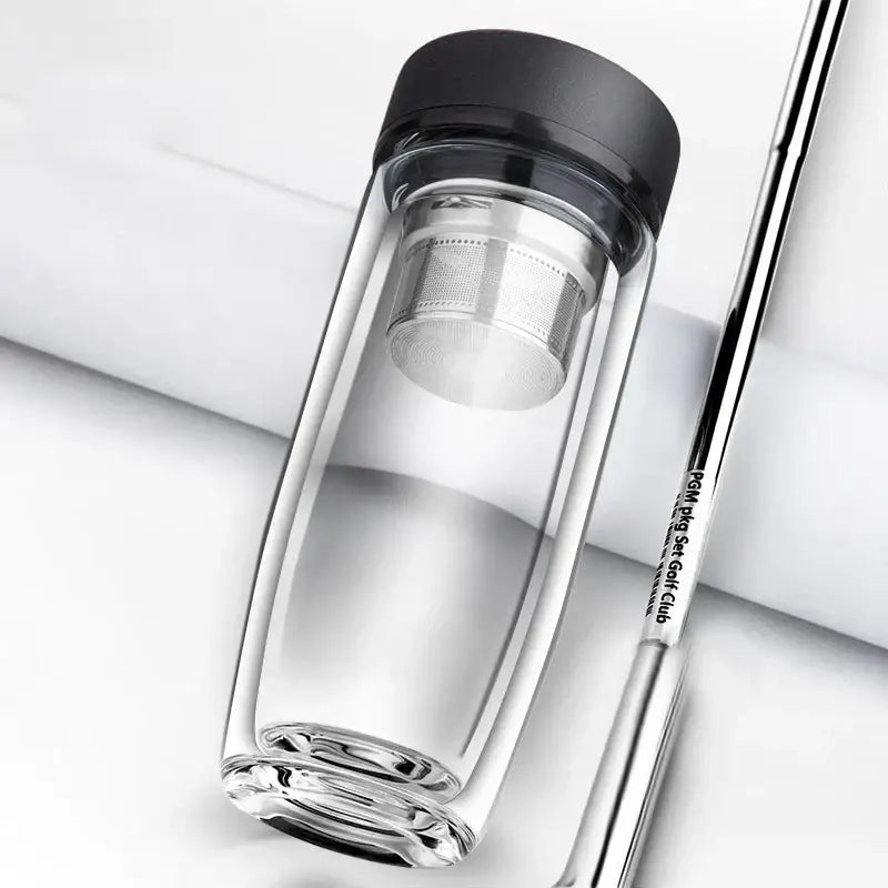 Clear double-walled glass travel mug with black lid and stainless steel infuser for thermal insulation glass cups decorbites double-deck glass
