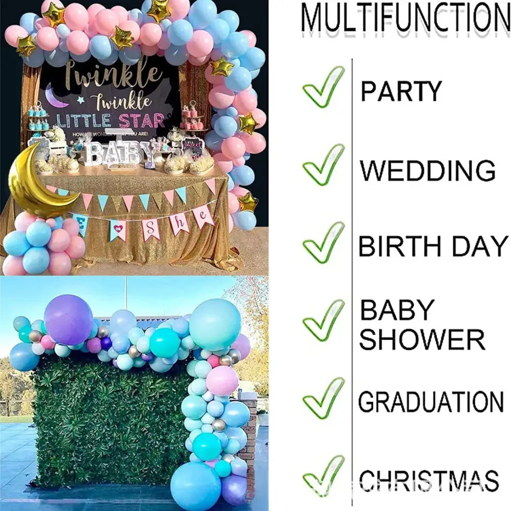 Clear embossed plastic balloon arch garland kit with pastel pink light blue and gold star accents for party decor
