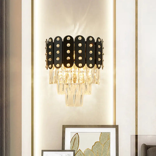 DecorBites™ Clear Faceted Crystal Wall Lighting: 3-Light, 3-Tier, Wall Mounted. Contemporary Design in Black.