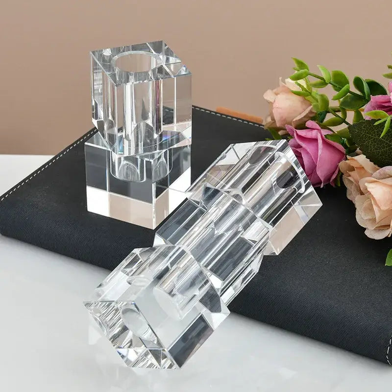 Clear crystal candle holders with faceted geometric glass design perfect for decorbites geometric glass vase stack
