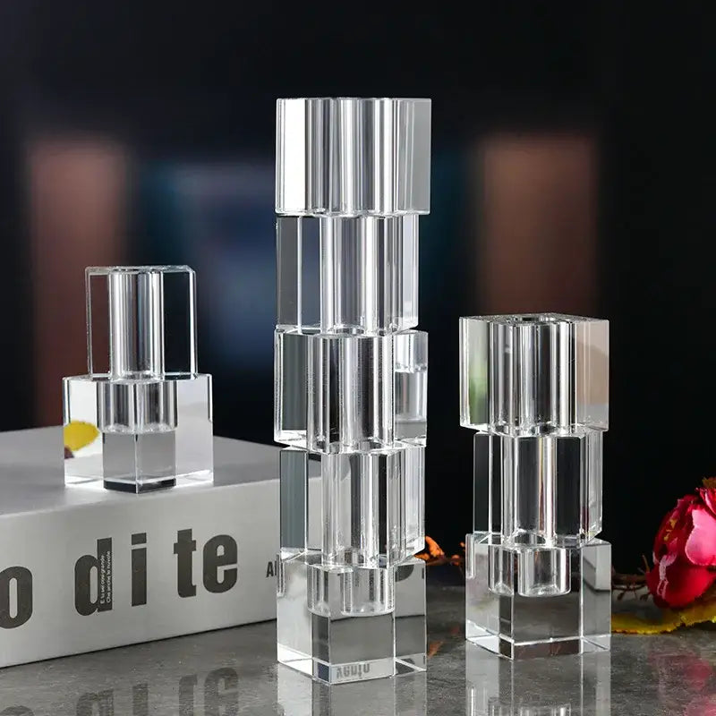 Clear crystal block candle holders with geometric stacked rectangular design for decorbites geometric glass vase stack decor