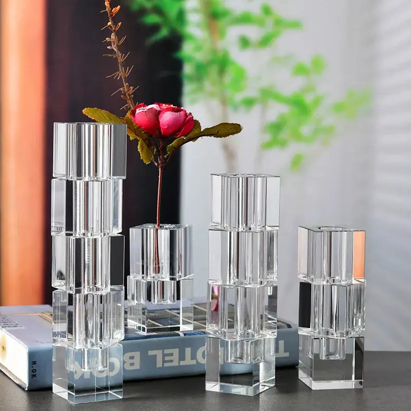 Clear fluted geometric glass vase stack with clear crystal rectangular blocks for living room decorbites geometric glass decor