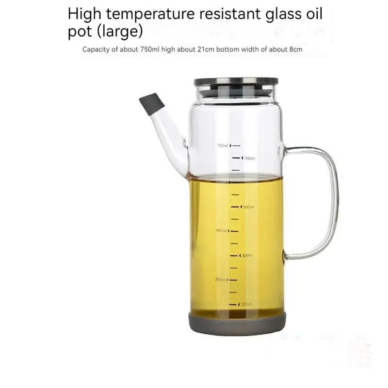 Clear glass and silver condiment bottle set featuring a clear glass oil pot with black lid base and measurement markings