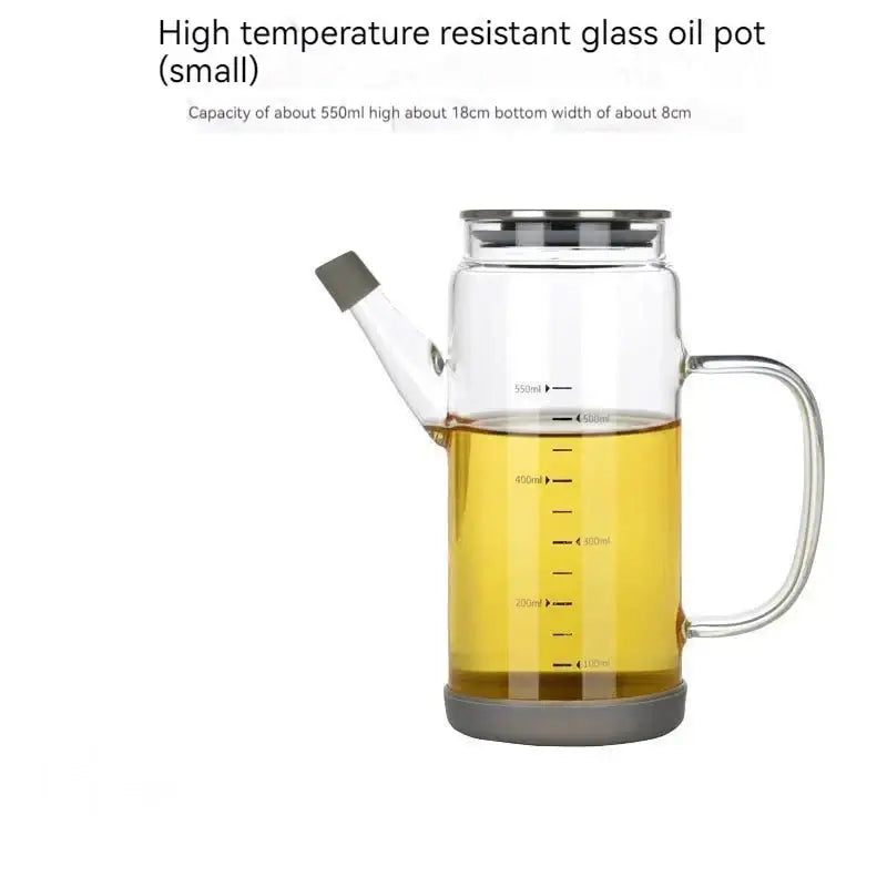 Clear glass and silver condiment bottle set with measurement markings gray base and spout cap for kitchen oil dispensers