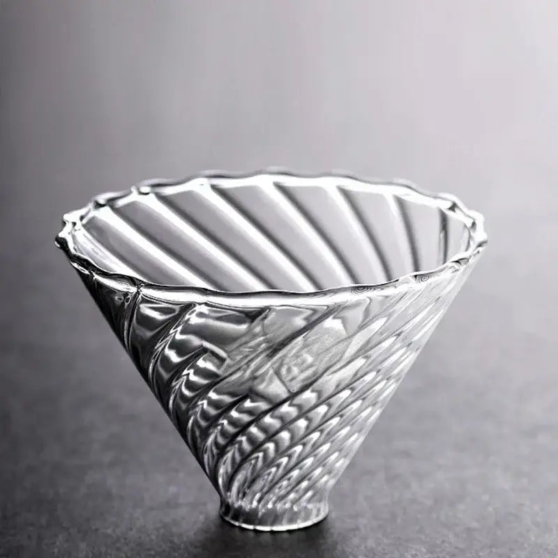 Clear glass barista kettle pot pour over coffee set featuring a fluted conical coffee dripper with twisted ribbing