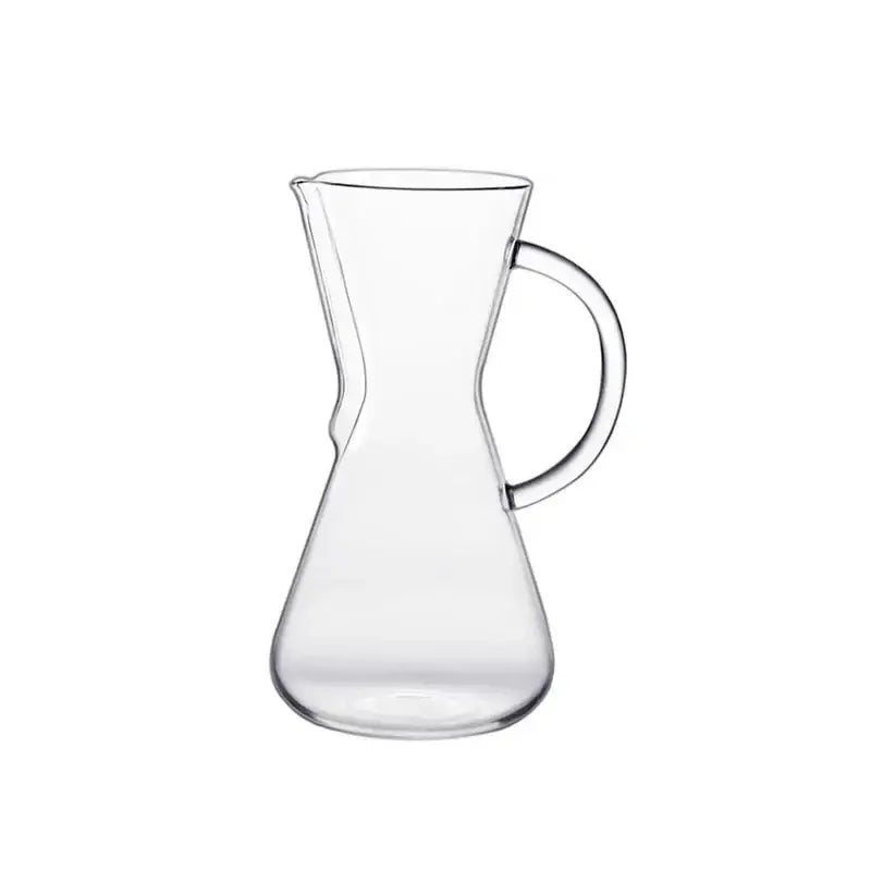 Clear glass barista kettle pot with sleek curved handle and tapered spout for pour over coffee by decorbites