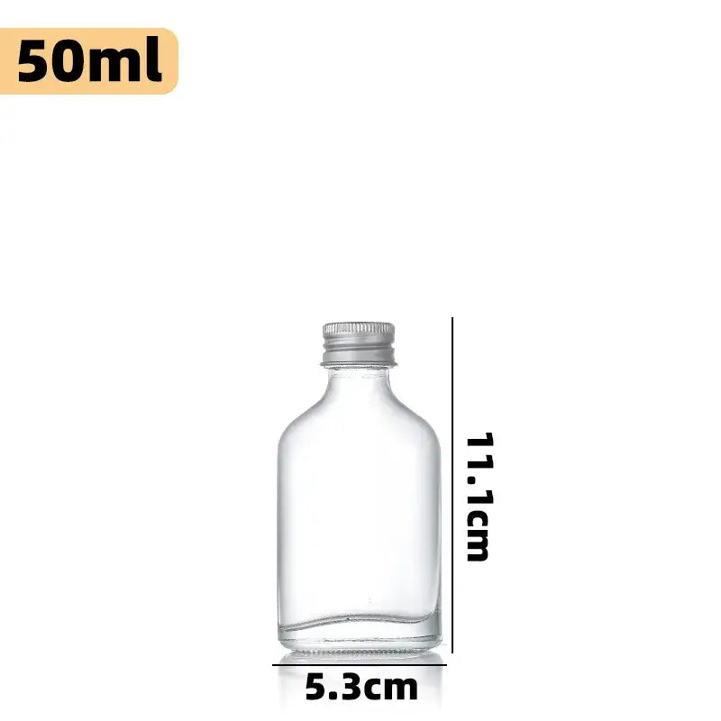 Clear glass beverage bottle with silver screw-top cap 50ml 11.1cm tall by 5.3cm wide decorbites clear glass